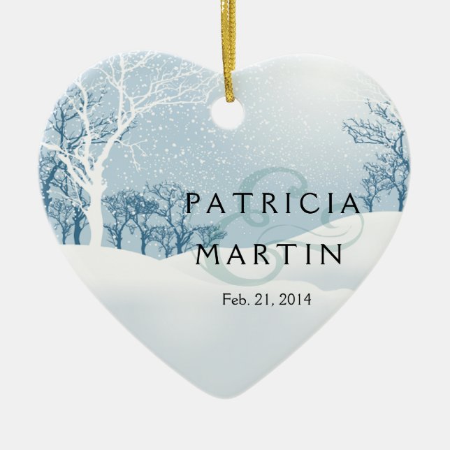 Snowy Winter Wedding ice blue Ceramic Tree Decoration (Front)