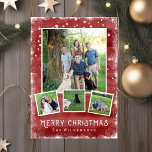 Snowy Winter Wonderland Christmas Photo Collage Holiday Card<br><div class="desc">Celebrate the holidays with this festive red winter wonderland Merry Christmas Photo Collage. A snowy border surrounds your 4 photos that are set against a red watercolor/chalkboard background. Add your custom text to the front and backside. With a bit of a rustic/vintage feel to it, the card is also trendy...</div>