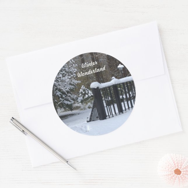 Snowy Winter Wonderland Footprints Classic Round Sticker (Envelope)