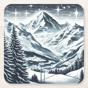 Snowy winter wonderland square paper coaster
