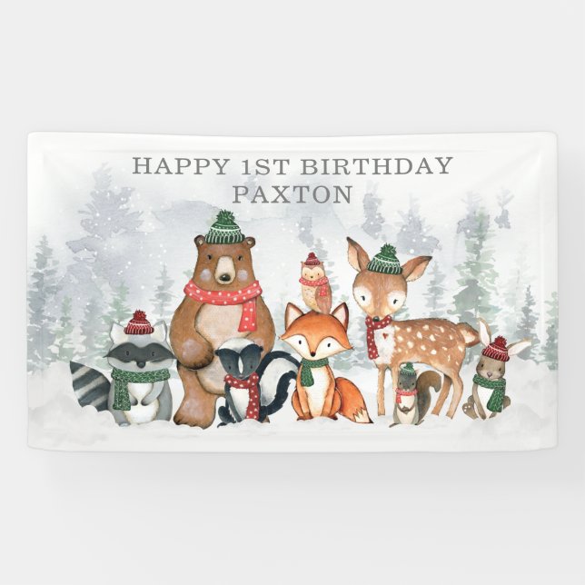 Snowy Winter Woodland Animals Happy Birthday Banner (Horizontal)
