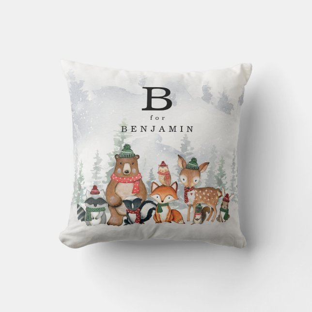 Snowy Winter Woodland Baby Animals Monogram Cushion (Front)