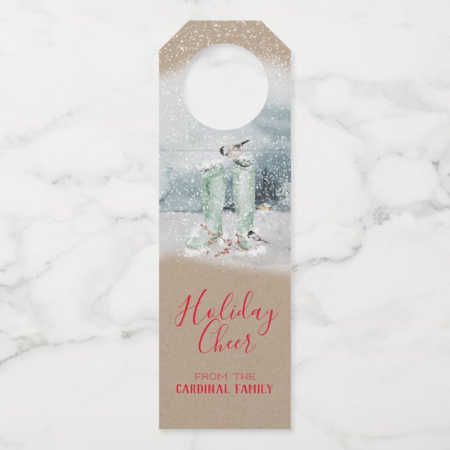 Snowy Winter Woodland Chickadee & Ilex Berries Bottle Tag (Front)