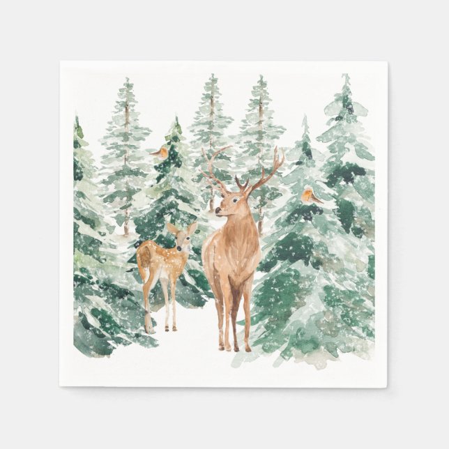 Snowy Winter Woodland Deer Christmas Napkin (Front)