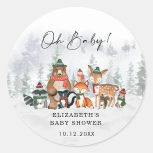 Snowy Winter Woodland Forest Boy Baby Shower Classic Round Sticker