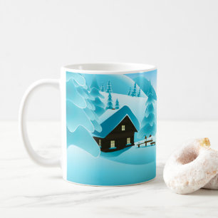 Snowy Winter Woods Cabin and Cute Snowman Mug