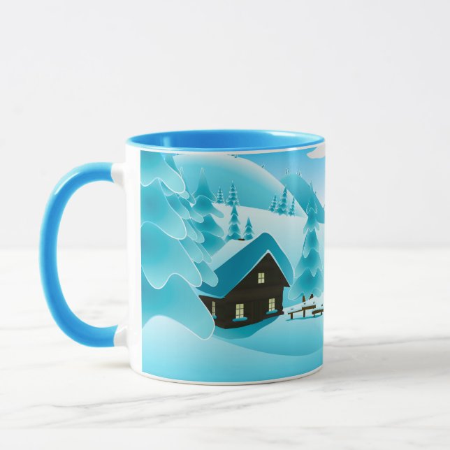 Snowy Winter Woods Cabin and Cute Snowman Mug (Left)