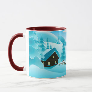 Snowy Winter Woods Cabin and Cute Snowman Mug