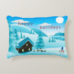 Snowy Winter Woods Cabin + Snowman Happy Holidays Decorative Cushion