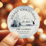 Snowy Winter Woods Christmas Return Address Classic Round Sticker<br><div class="desc">Take the strain off sending out Christmas Holiday Cards this year with these stylish wintery snowy scence Christmas Return Address Stickers. All text is easy to customise.</div>