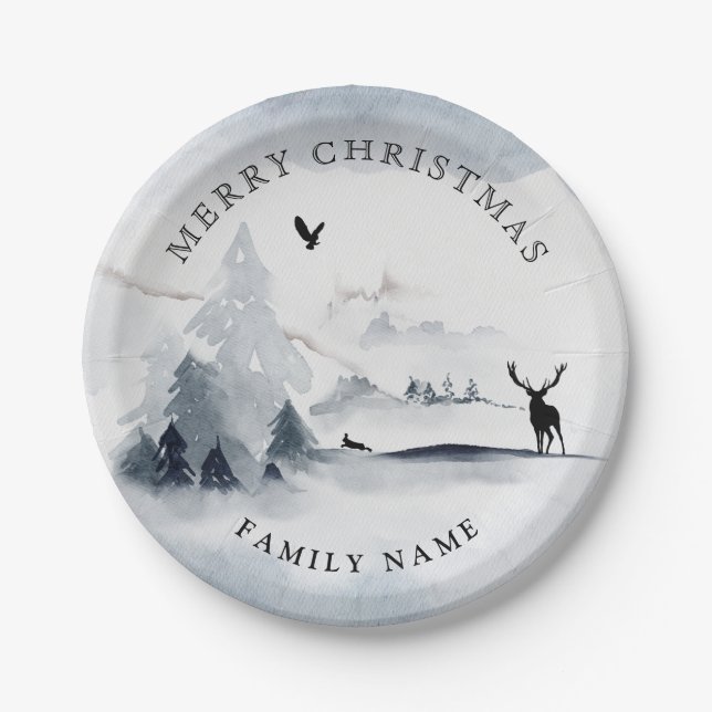 Snowy Winter Woods Mountains Merry Christmas Paper Plate (Front)