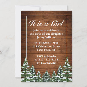 Snowy Wood & Forest Baby Girl Birth Celebration Invitation