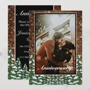 Snowy Wood Forest Black Photo Wedding Anniversary Invitation