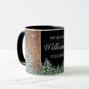 Snowy Wood & Forest Black Pine Wedding Mr Mrs Mug