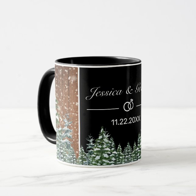 Snowy Wood & Forest Black Pine Wedding Mug (Front Left)