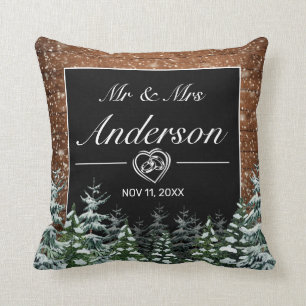 Snowy Wood & Forest Black Wedding Cushion