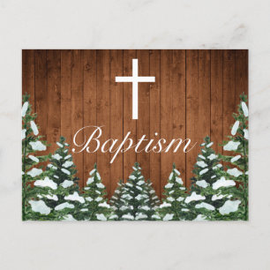 Snowy Wood & Forest Country Pine Baby Baptism Announcement Postcard