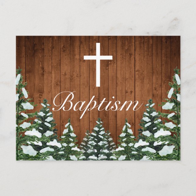 Snowy Wood & Forest Country Pine Baby Baptism Announcement Postcard (Front)