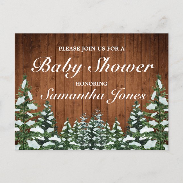 Snowy Wood & Forest Country Pine Baby Shower Announcement Postcard (Front)