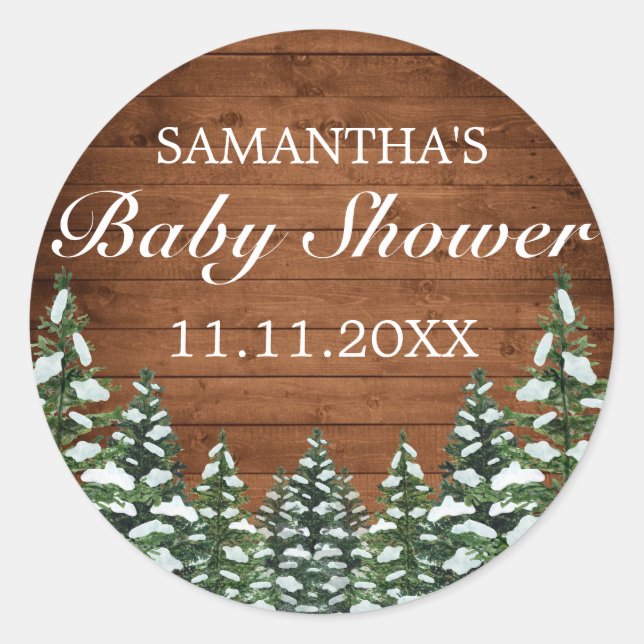 Snowy Wood & Forest Country Pine Baby Shower Classic Round Sticker (Front)