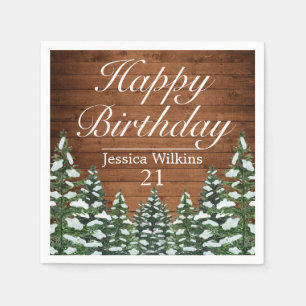 Snowy Wood & Forest Country Pine Happy Birthday Napkin