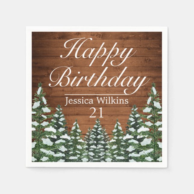 Snowy Wood & Forest Country Pine Happy Birthday Napkin (Front)
