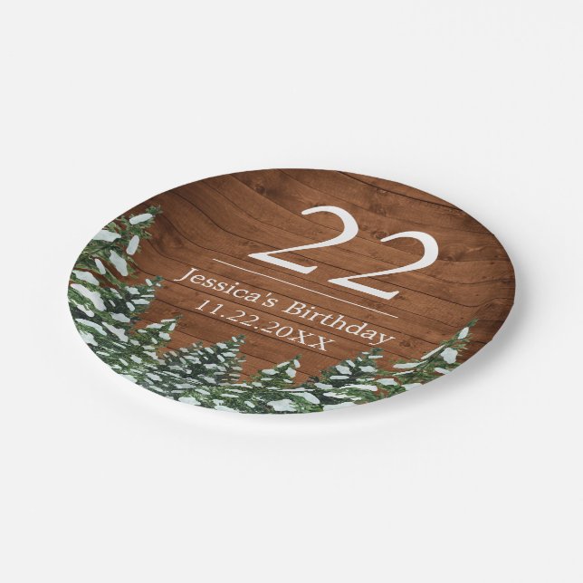 Snowy Wood & Forest Country Pine Happy Birthday Paper Plate (Angled)