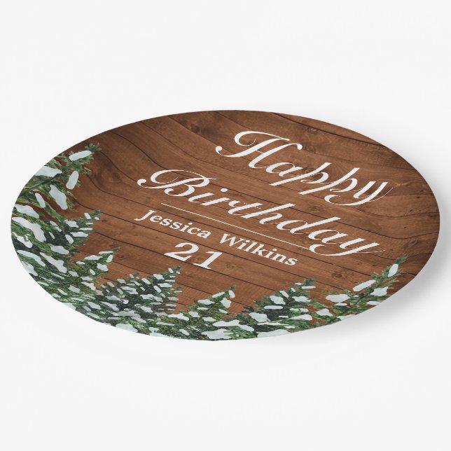 Snowy Wood & Forest Country Pine Happy Birthday Paper Plate (Angled)