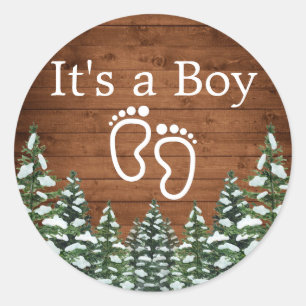 Snowy Wood & Forest Country Pine IT'S A BOY Classic Round Sticker