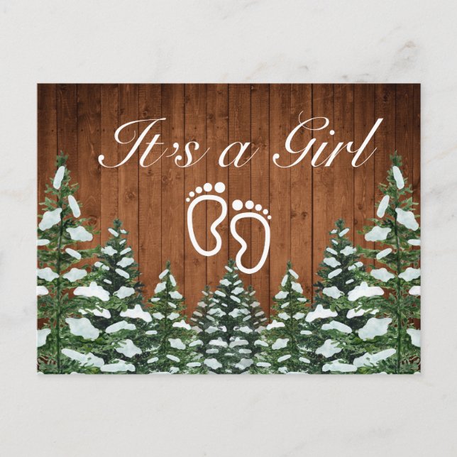 Snowy Wood & Forest Country Pine It's a Girl Announcement Postcard (Front)