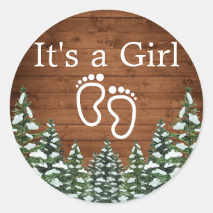 Snowy Wood & Forest Country Pine IT'S A GIRL Classic Round Sticker
