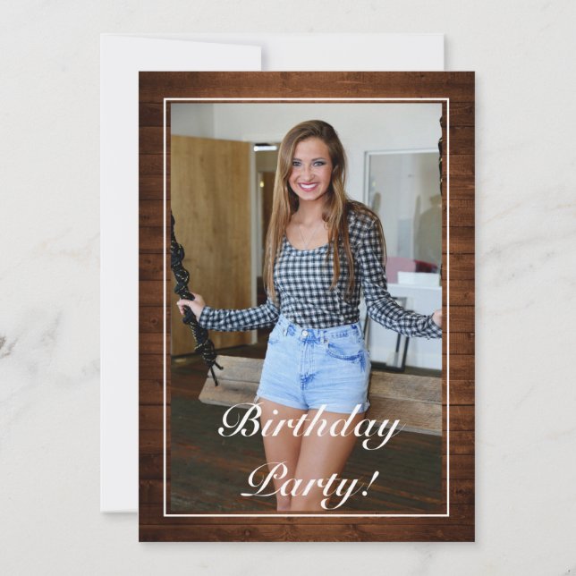 Snowy Wood & Forest Country Pine Photo Birthday Invitation (Back)