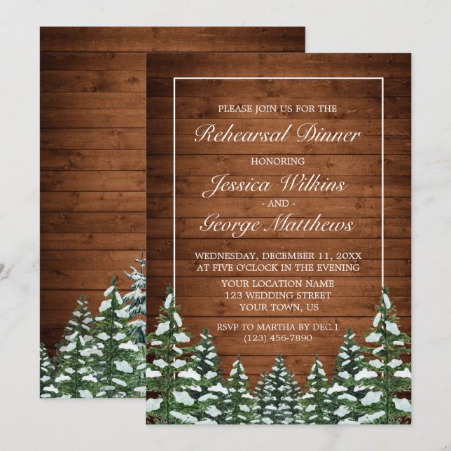 Snowy Wood & Forest Country Pine Rehearsal Dinner Invitation (Front/Back)