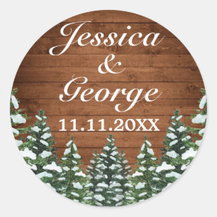 Snowy Wood & Forest Country Pine Wedding Classic Round Sticker