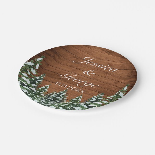 Snowy Wood & Forest Country Pine Wedding Paper Plate (Angled)