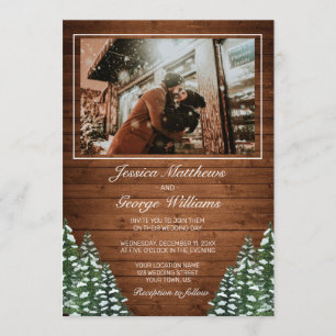Snowy Wood & Forest Country Pine Wedding Photo Invitation