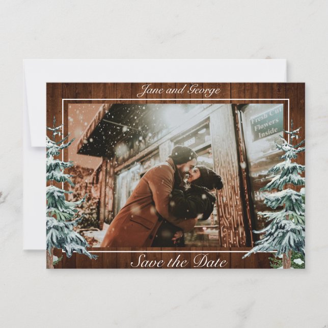 Snowy Wood & Forest Country Pine Wedding Photo Save The Date (Front)