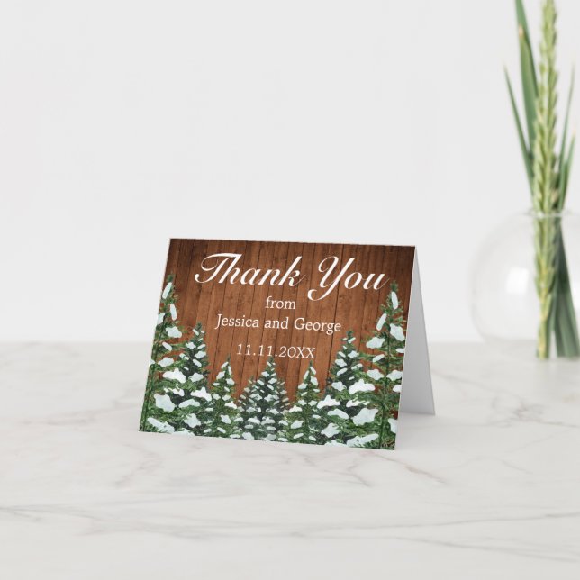 Snowy Wood & Forest Country Pine Wedding Thank You Card (Front)