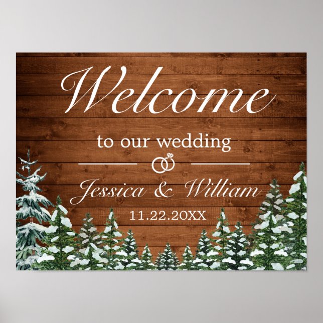Snowy Wood & Forest Country Wedding Welcome Sign (Front)