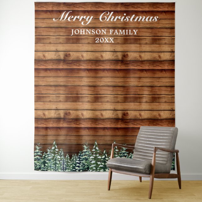 Snowy Wood Forest Merry Christmas Photo Background Tapestry (In Situ)