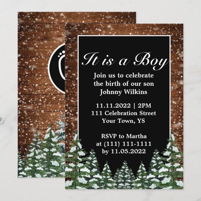 Snowy Wood Forest Pine Baby Boy Birth Celebration Invitation (Front/Back)