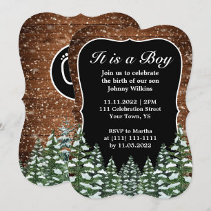 Snowy Wood Forest Pine Baby Boy Birth Celebration Invitation