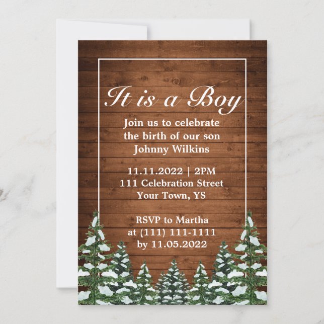 Snowy Wood Forest Pine Baby Boy Birth Celebration Invitation (Front)