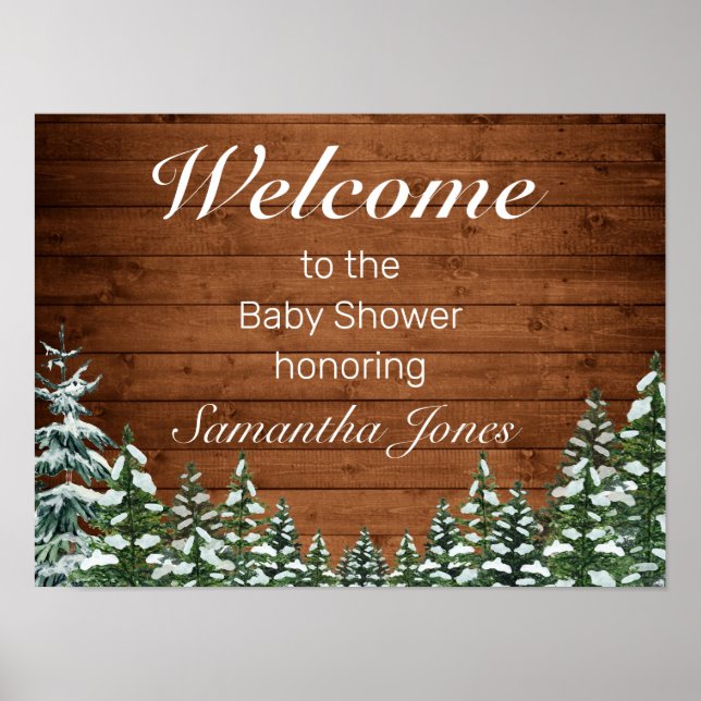 Snowy Wood & Forest Pine Baby Shower Welcome Sign (Front)