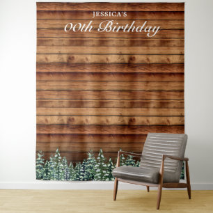 Snowy Wood & Forest Pine Birthday Photo Background Tapestry