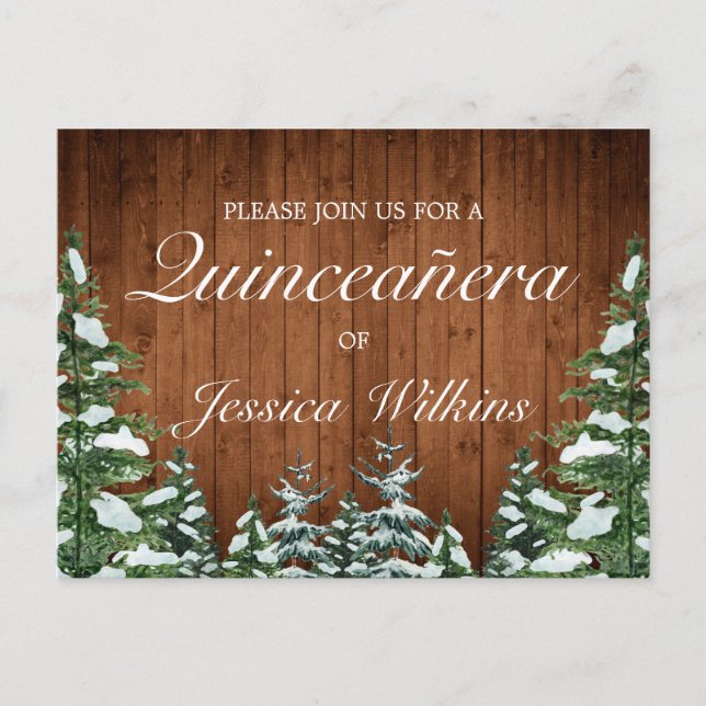 Snowy Wood Forest Quinceañera Invitation Postcard (Front)