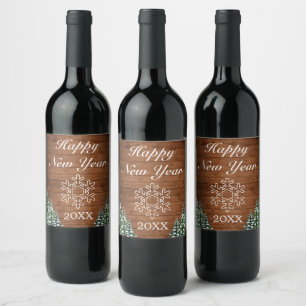 Snowy Wood & Forest Rural Happy New Year Snowflake Wine Label