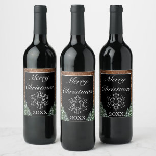 Snowy Wood Forest Rural Merry Christmas Snow Flake Wine Label
