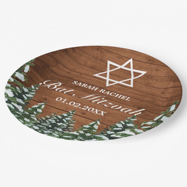 Snowy Wood & Forest Rural Pine Bar Bat Mitzvah Paper Plate (Angled)