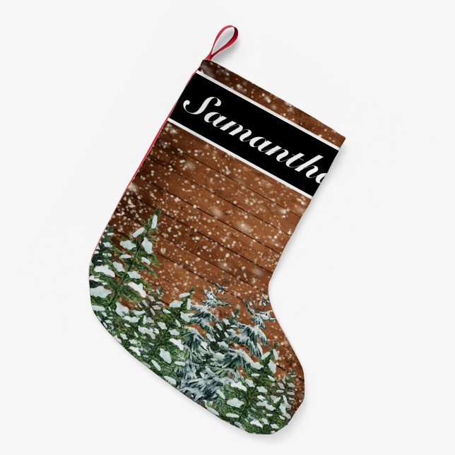 Snowy Wood & Forest Rural Pine Christmas Small Christmas Stocking (Front (Hanging))